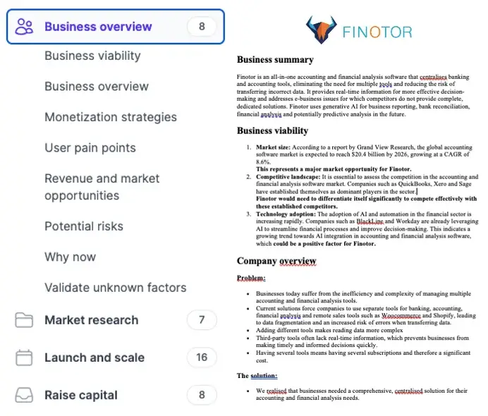 Finotor add-on Business project validation tool