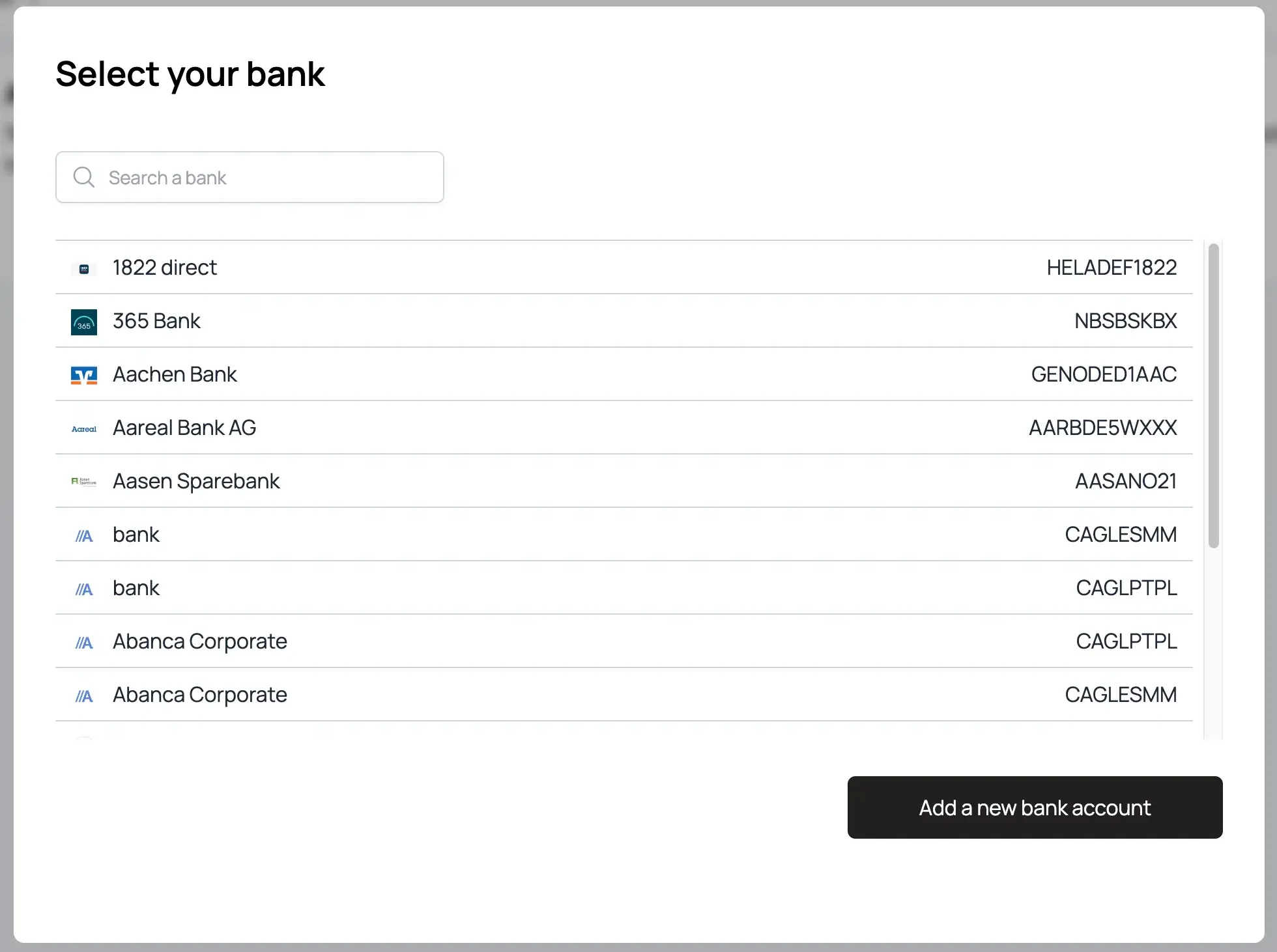 Select your bank account with Finotor