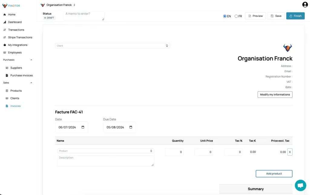 Screenshot Finotor to calculate VAT